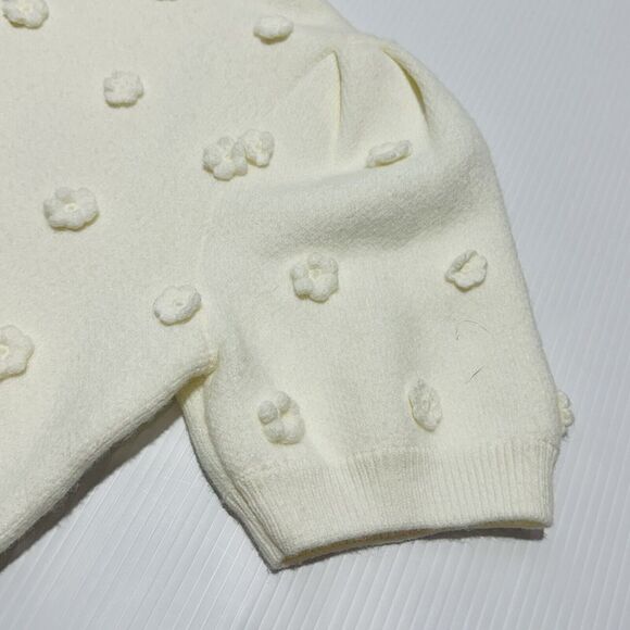 NWT English Factory Ivory White Floral Pompom Short Sleeve Knit Sweater Top Sz L - Picture 7 of 13